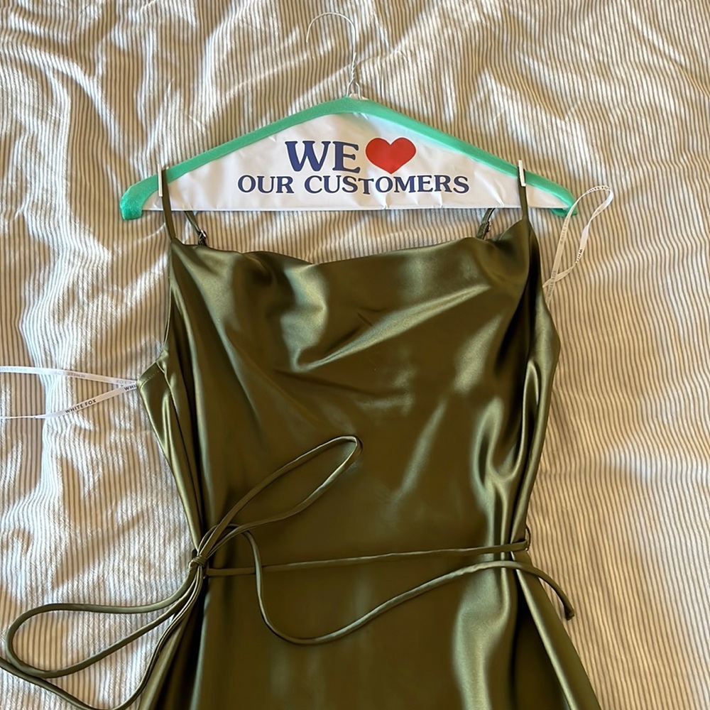 White Fox Olive Green Silky Dress in Small
